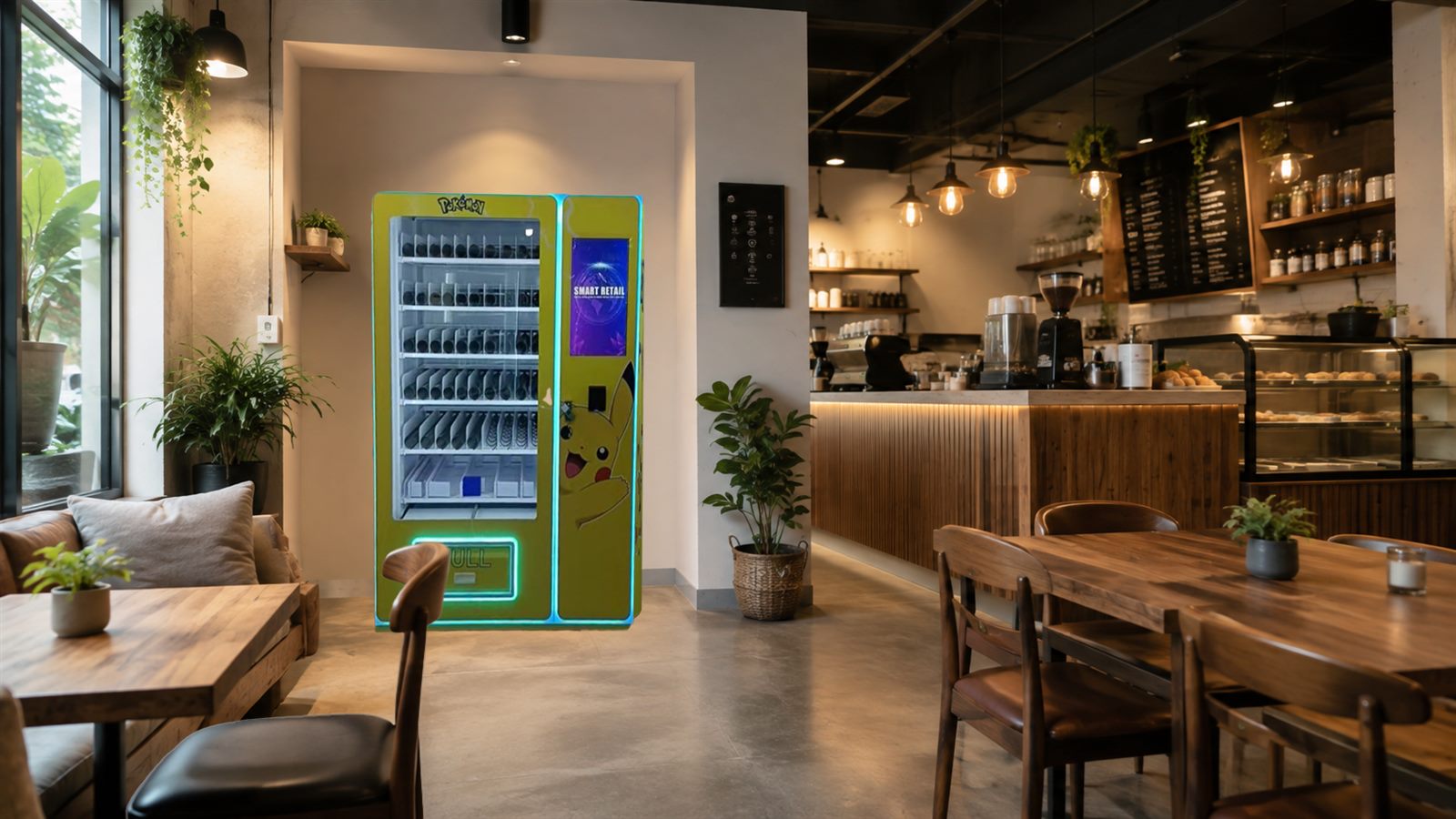 A trading card vending machine placed against the wall of a coffee shop seating area